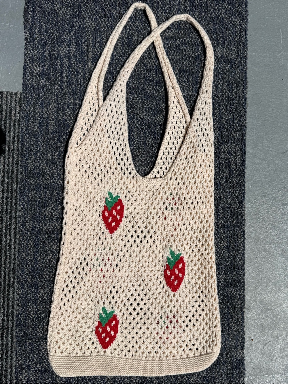 Cream Crochet Tote Bag with Red Strawberry Motif
